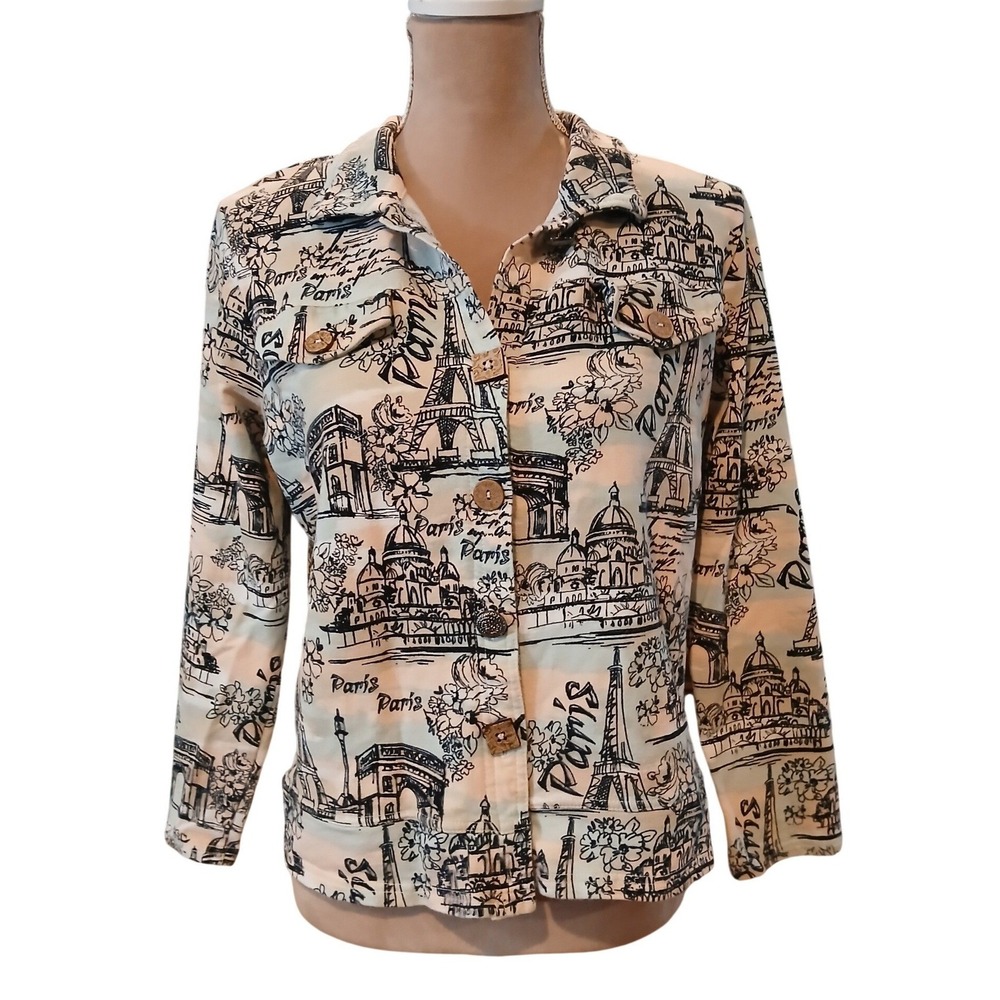 Onque Casual Large Womens Paris Toile Print Button Front Jacket Eiffel Tower